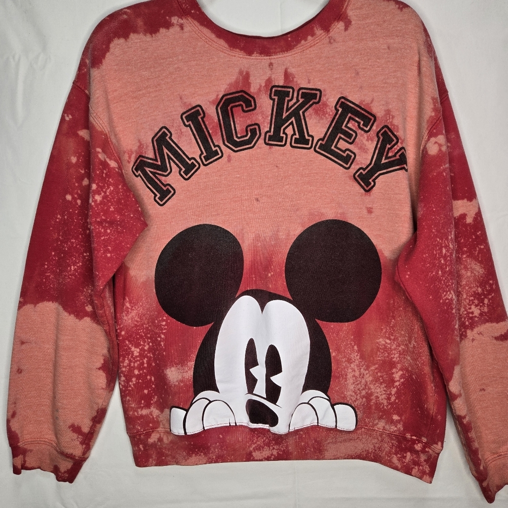 Disney Mickey Mouse Graphic Sweater Long Sleeve Crewneck Red Bleach Dyed Wm-Sz.M